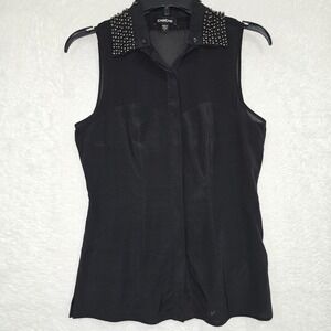 Babe Women's Black Sleeveless Collar Studded Blouse Womens Size S Vest Button-Up